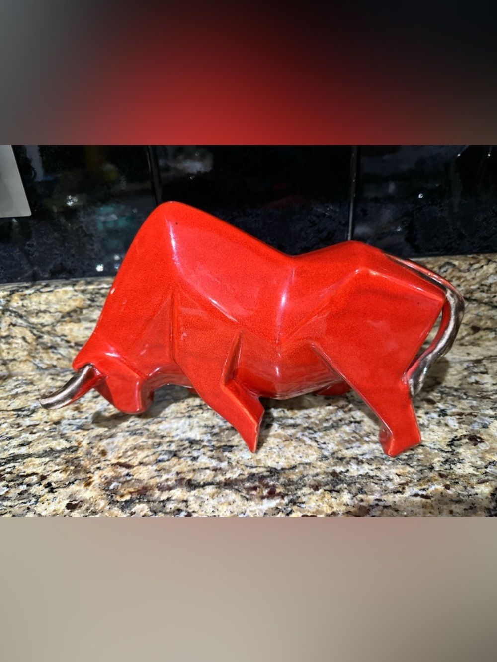 Red Ceramic Abstract Bull Sculpture - Home Art